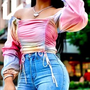 Pastel Rainbow Puff Sleeves Top w/  Pullstrings